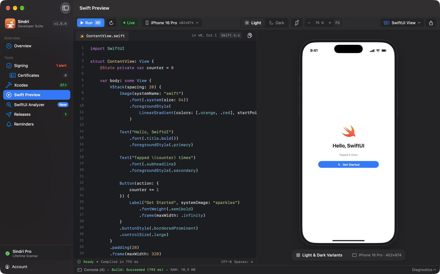 Swift Preview: a SwiftUI view’s code on the left and the view rendered in an iPhone frame on the right, with the build time in the status bar.