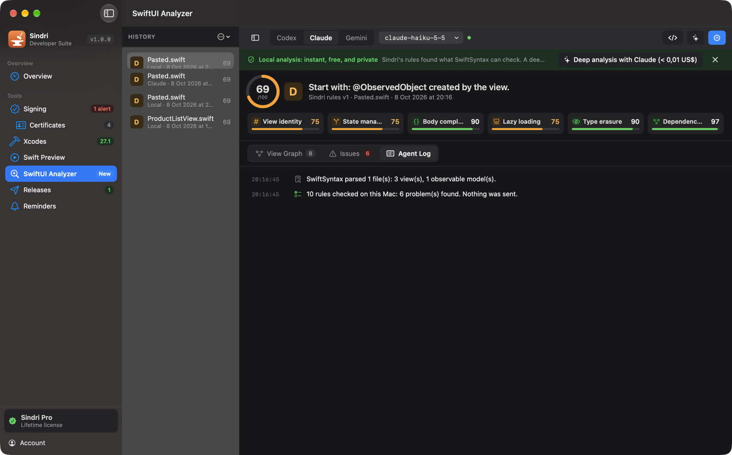 SwiftUI Analyzer’s Agent Log in dark appearance: the events of a deep analysis as they happened.
