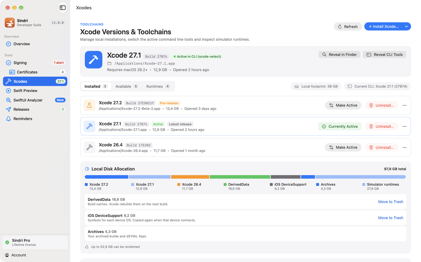 The Xcodes screen: installed Xcode versions with the active one marked, and their disk usage.