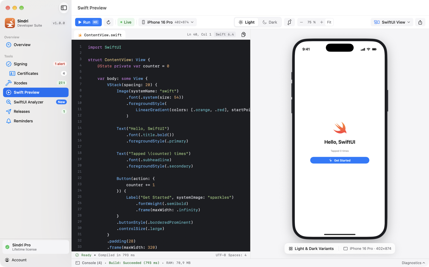 Swift Preview in light appearance: code next to the rendered SwiftUI view.