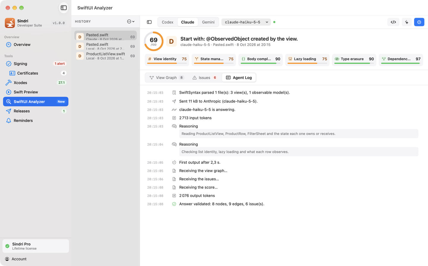 SwiftUI Analyzer’s Agent Log in light appearance: the events of a deep analysis as they happened.